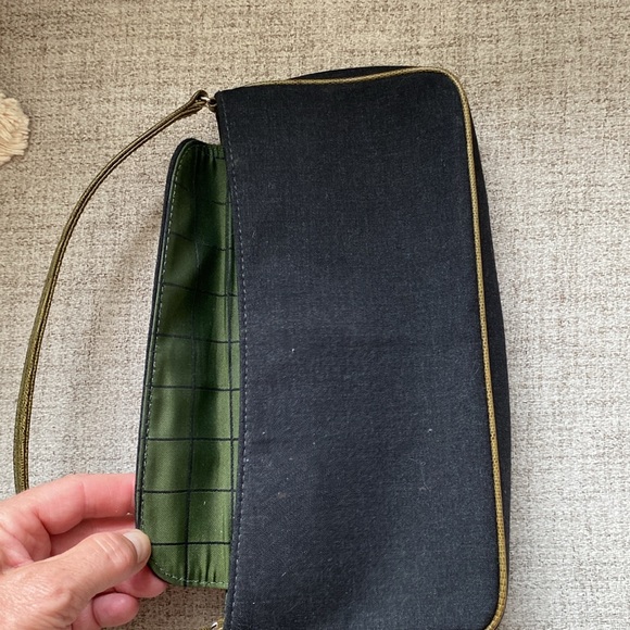 Kate Spade vintage black cloth shoulder bag/purse with green leather trim. - Picture 10 of 14